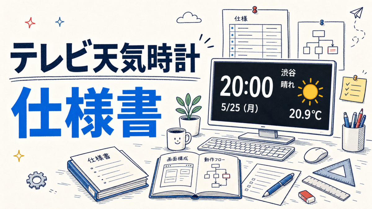 テレビ天気時計 仕様書ページの手描き風アイキャッチ画像